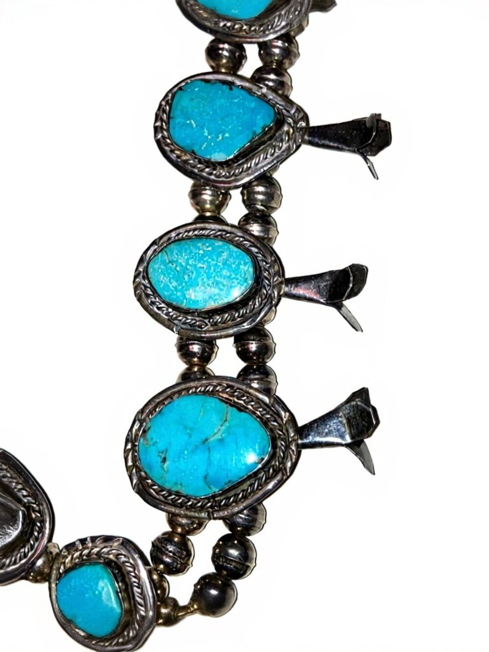 Vintage Navajo Naja Sterling Squash Blossom Necklace with Kingman Turquoise - Picture 3 of 6
